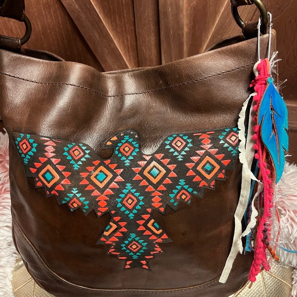 Frye Women's hand painted Brown Leather Tote Bag Eagle Casual Boho Style